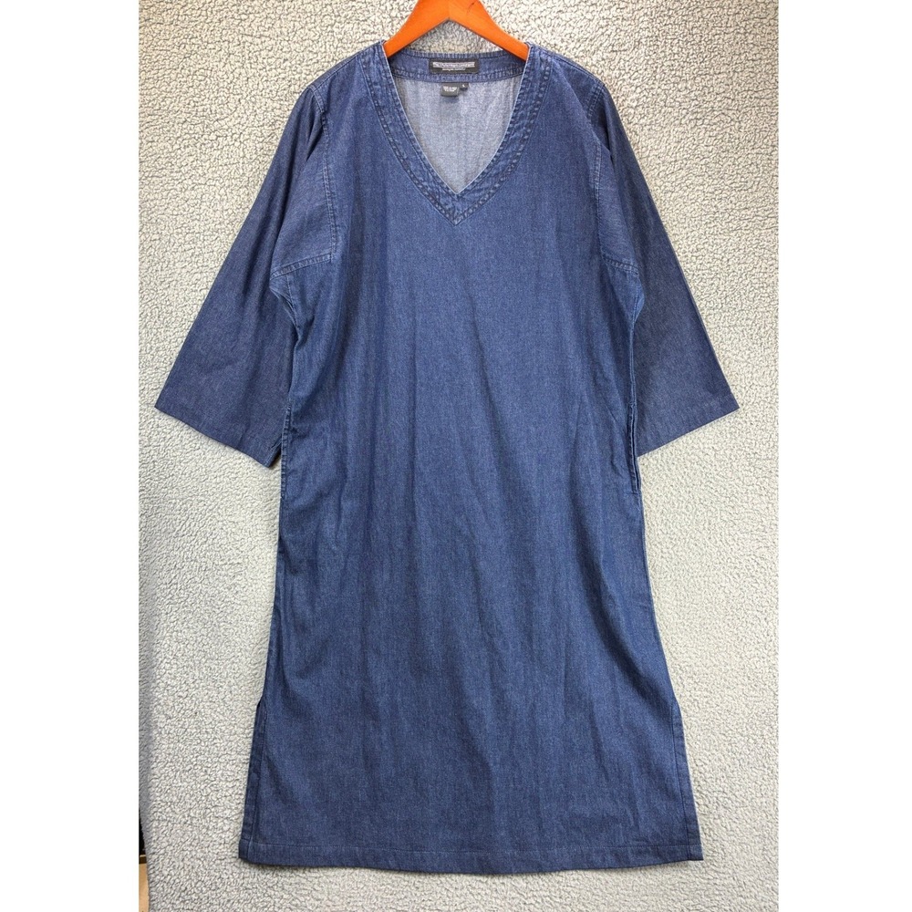 J. Peterman Denim Shift Dress Womens L Blue Chambray V-Neck Casual Pockets